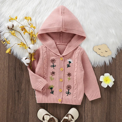 Sweet Fresh Floral Embroidered Knit Hooded Cardigan