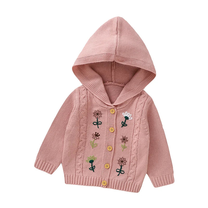 Sweet Fresh Floral Embroidered Knit Hooded Cardigan