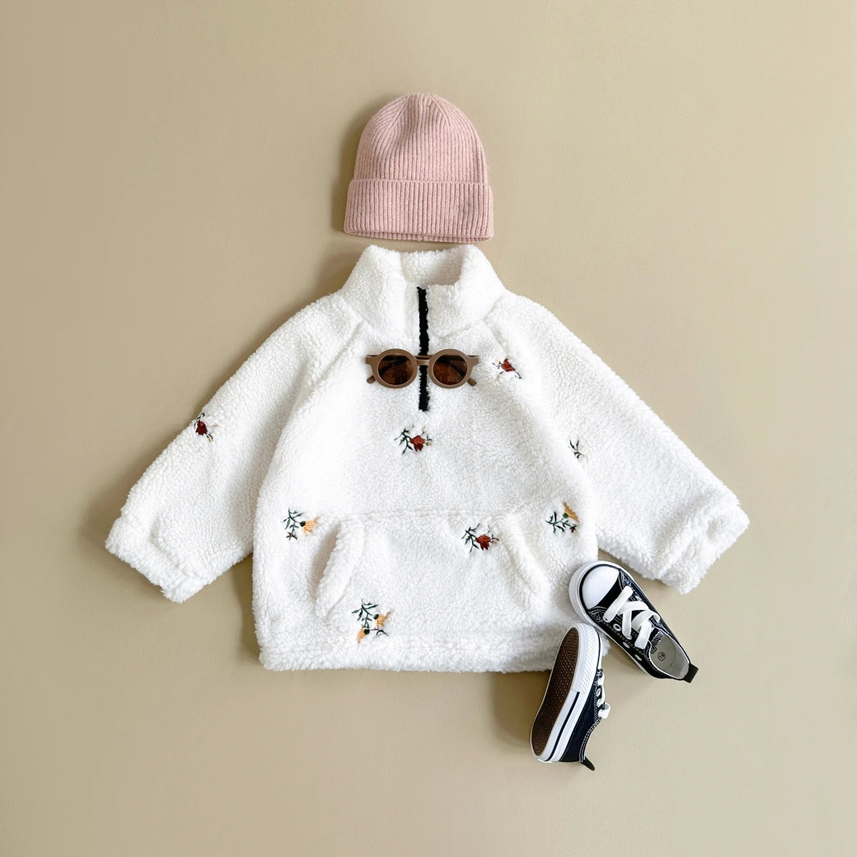 Floral Embroidered 1/4 Zip Sherpa