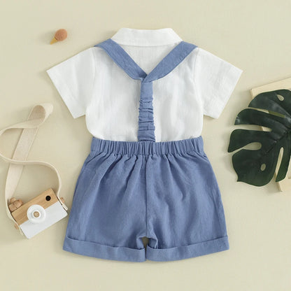 Little Gentleman: Romper with Bow Tie &amp; Overall Shorts set