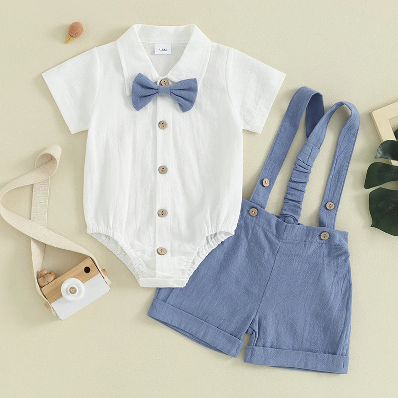 Little Gentleman: Romper with Bow Tie &amp; Overall Shorts set