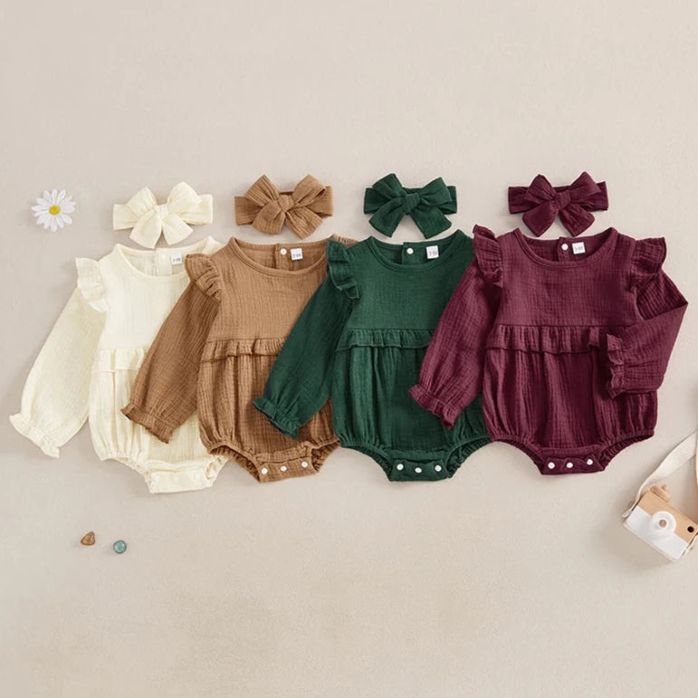 Muslin Cotton Long Sleeve Romper with Bow