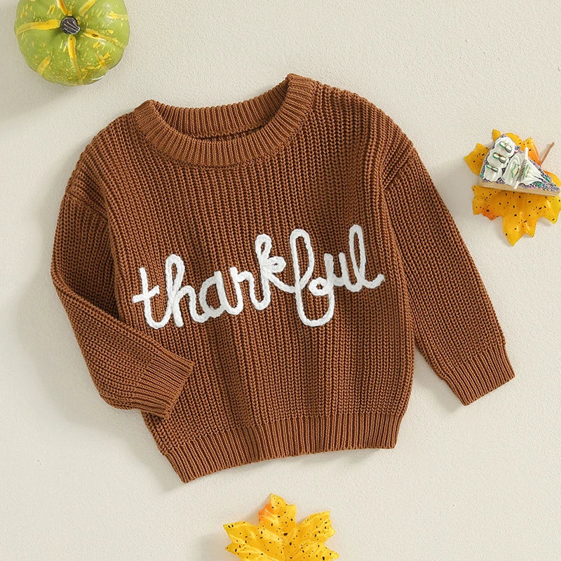 &quot;Thankful&quot; Embroidered Knit Sweater