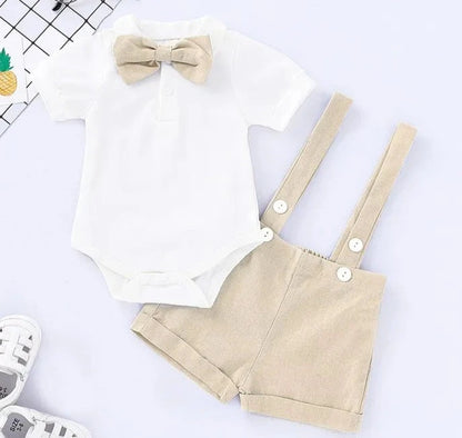 Bowtie Short Sleeve Romper + Suspender Pant