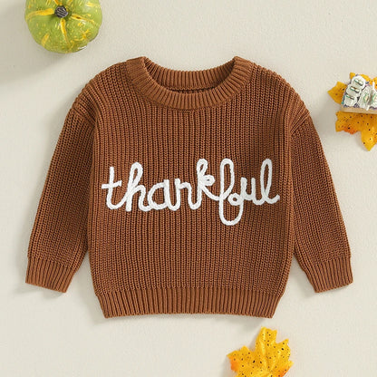 &quot;Thankful&quot; Embroidered Knit Sweater