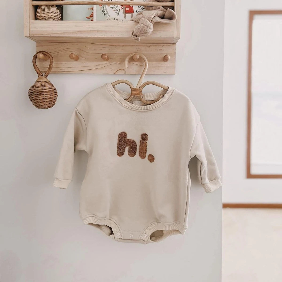 &quot;Hi&quot; Embroidered Cotton Long Sleeve Romper