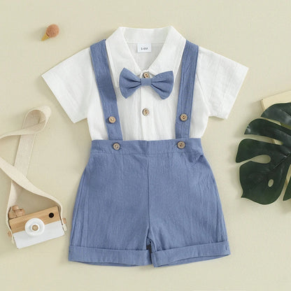 Little Gentleman: Romper with Bow Tie &amp; Overall Shorts set