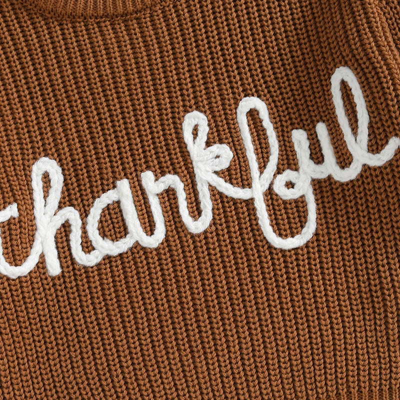 &quot;Thankful&quot; Embroidered Knit Sweater