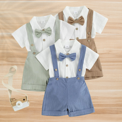 Little Gentleman: Romper with Bow Tie &amp; Overall Shorts set